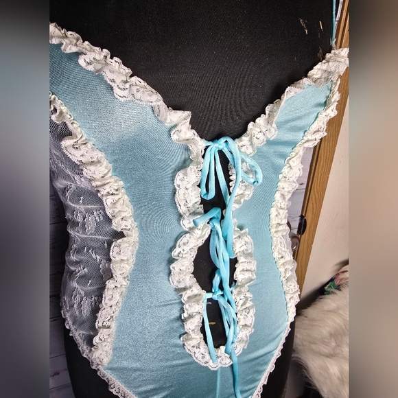 Vtg 70s Lace Trimmed Aqua Teal Nylon Lingerie Teddy Negligee Bodysuit - Picture 4 of 9
